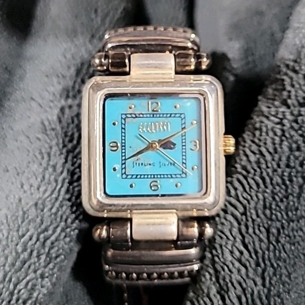 Ecclissi‎ Sterling Silver Turquoise Dial Watch 22490 Brown Leather Strap